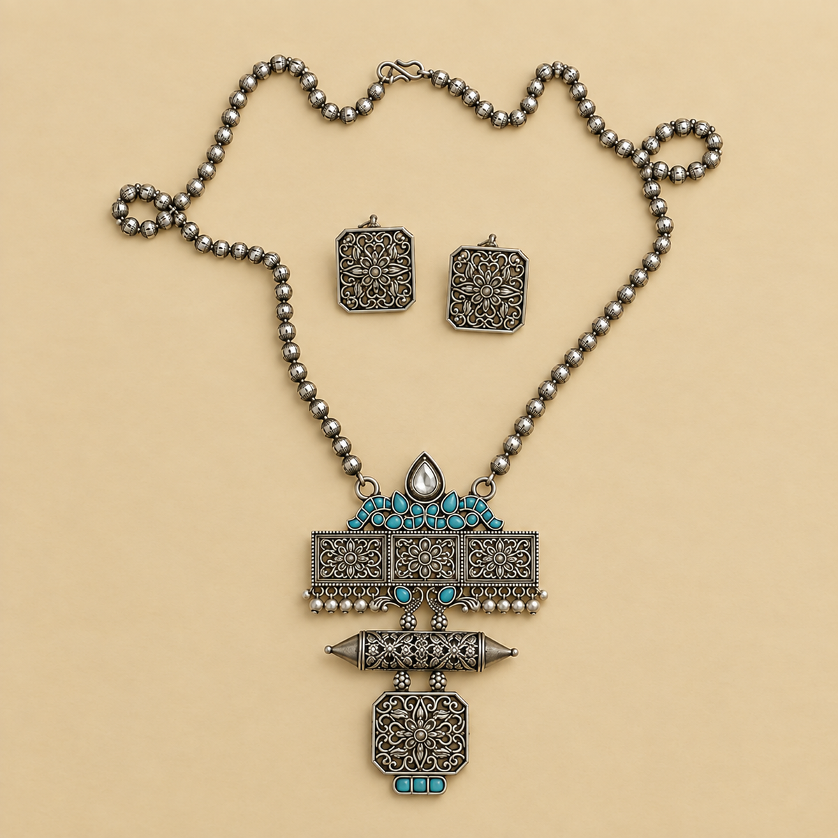 Tribal Filigree Pendant Long Necklace Set
