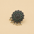 Carved Floral Mandala Pearl Ring | Green | Adjustable