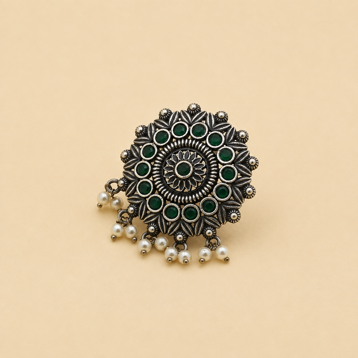 Carved Floral Mandala Pearl Ring | Green | Adjustable