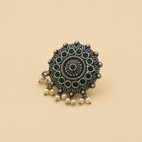 Carved Floral Mandala Pearl Ring | Green | Adjustable