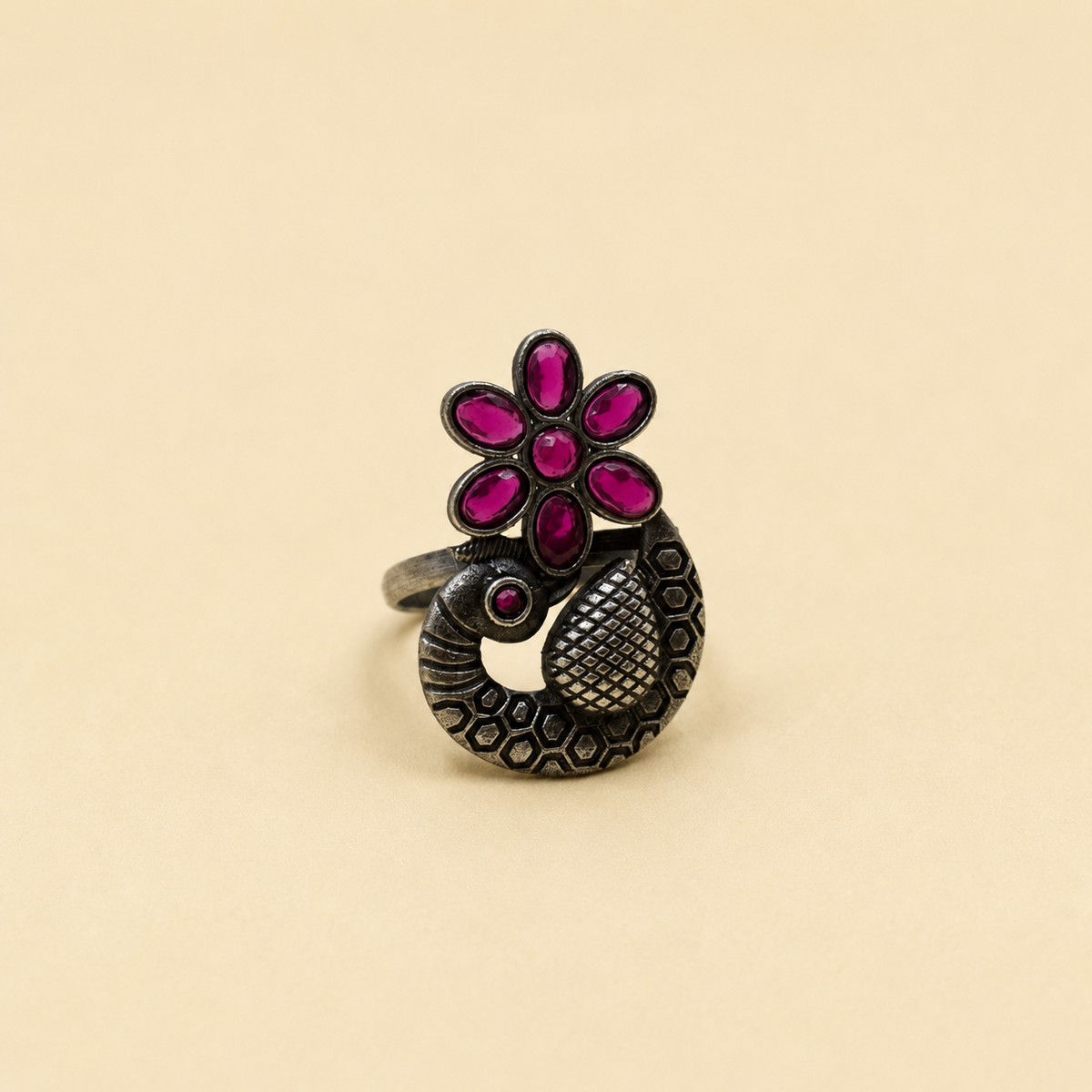 Red Floral Peacock Ring | Adjustable