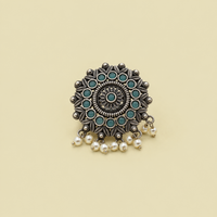 Carved Floral Mandala Pearl Ring | Sea Green |Adjustable
