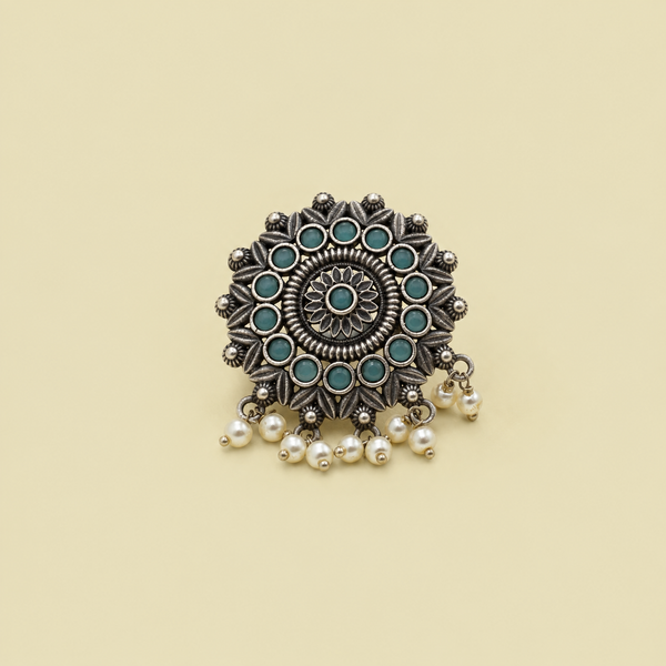 Carved Floral Mandala Pearl Ring | Sea Green |Adjustable