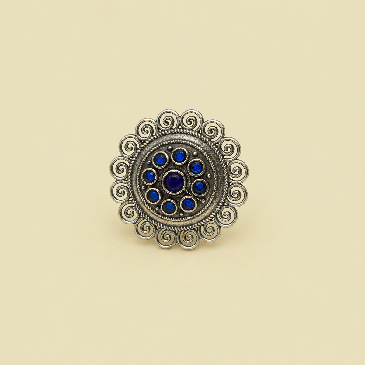 Filigree Swirl Blue Medallion Ring | Adjustable