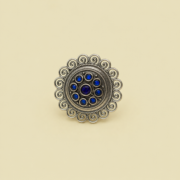 Filigree Swirl Blue Medallion Ring | Adjustable