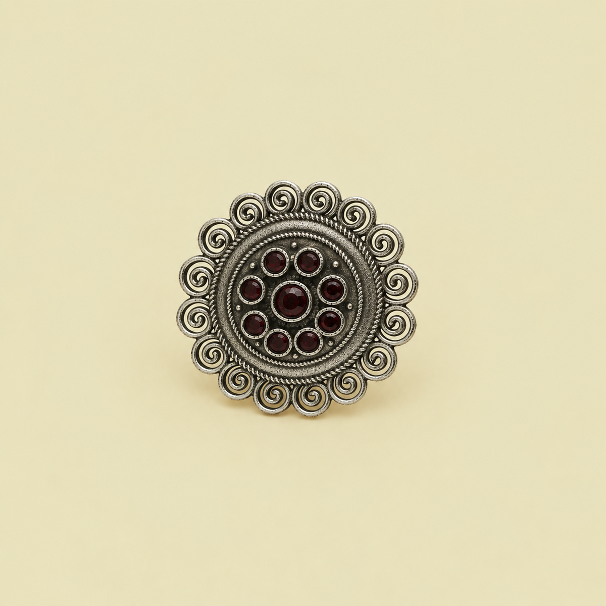 Filigree Swirl Red Medallion Ring | Adjustable
