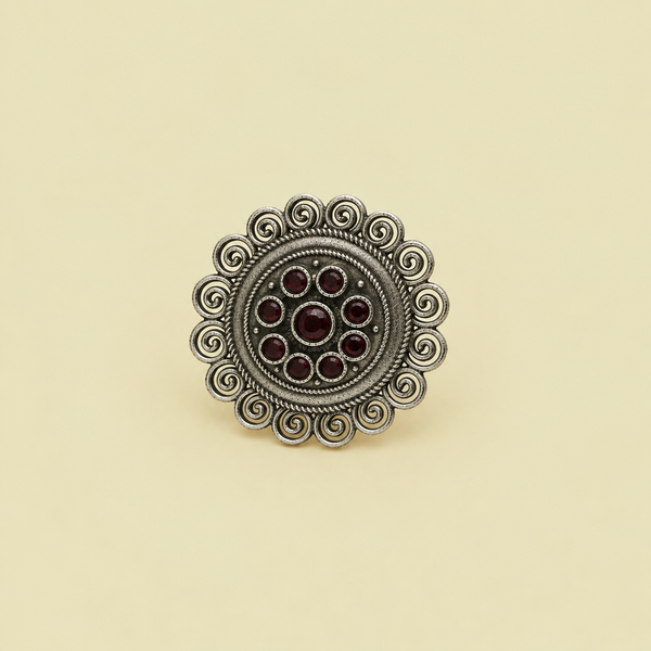 Filigree Swirl Red Medallion Ring | Adjustable