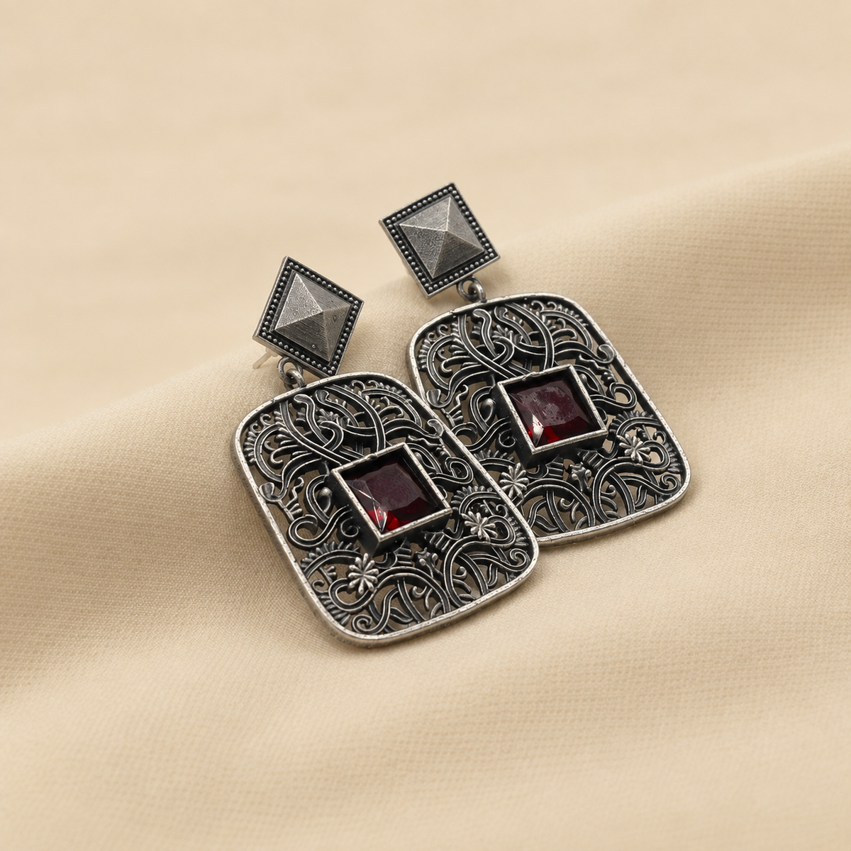 Rectangular Filigree Drop Earrings | Red