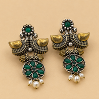 Two-Tone Twin Bird Green Floral Earrings