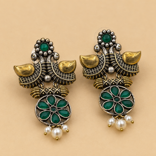 Two-Tone Twin Bird Green Floral Earrings