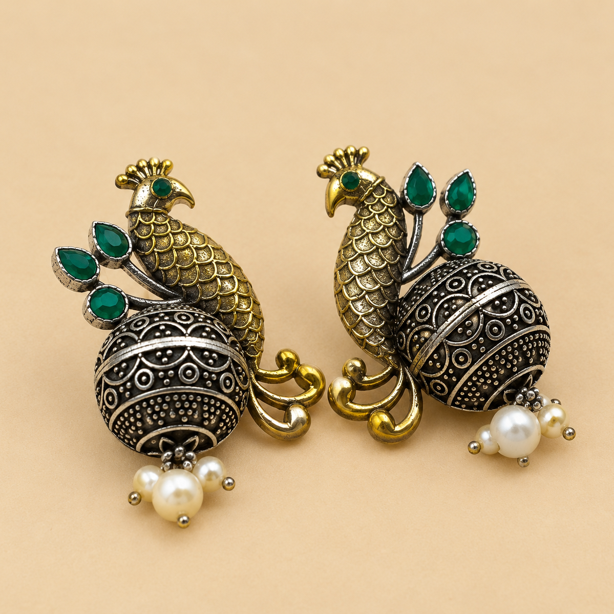 Two-Tone Peacock Dome Jhumkas | Green
