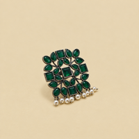 Square Floral Pearl Drop Ring | Green | Adjustable