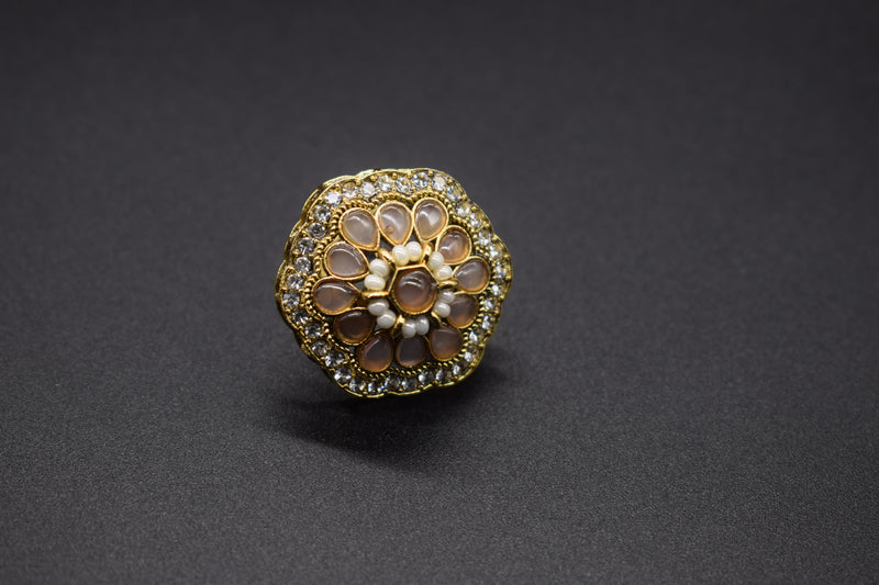 Octagonal Pink Floral Statement Ring | Adjustable