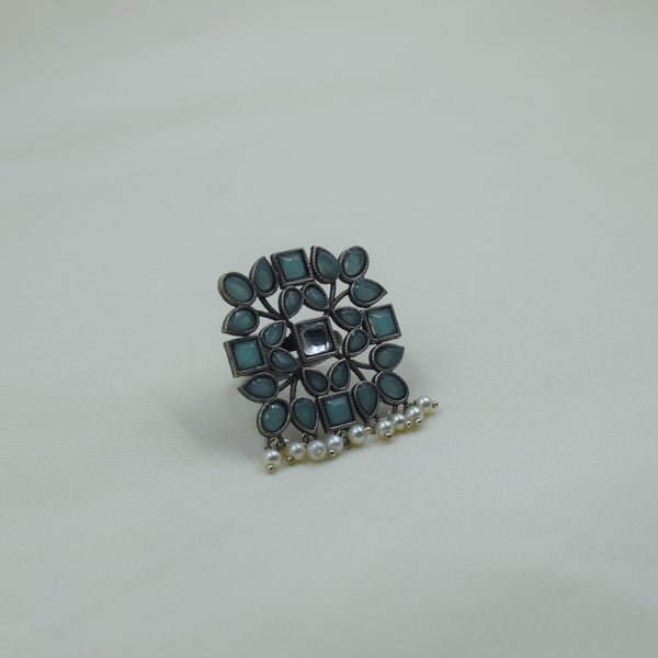 Square Floral Pearl Drop Ring | Sea Green | Adjustable