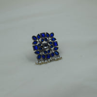 Square Floral Pearl Drop Ring | Blue | Adjustable