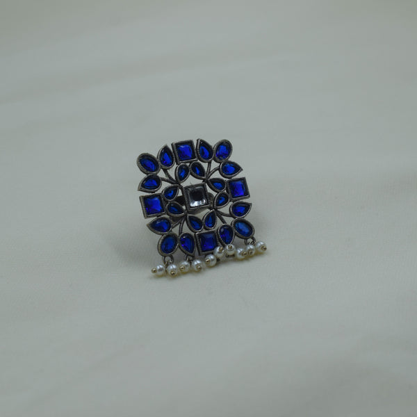 Square Floral Pearl Drop Ring | Blue | Adjustable