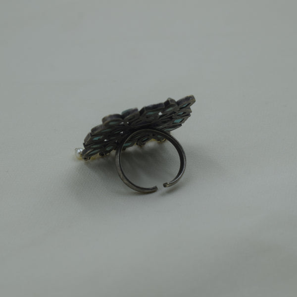 Square Floral Pearl Drop Ring | Green | Adjustable