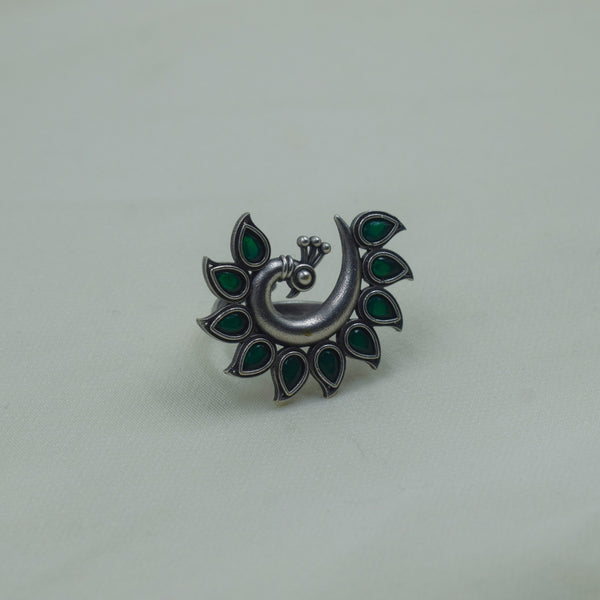 Peacock Motif Green Ring | Adjustable