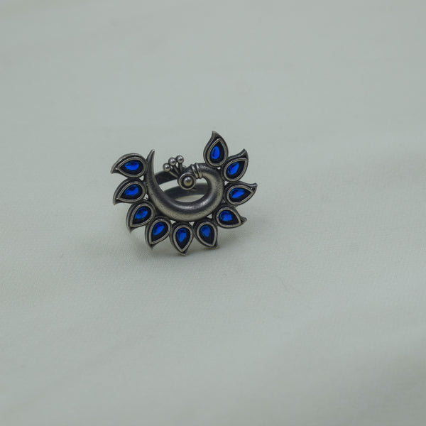 Peacock Motif Blue Ring | Adjustable