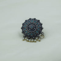 Carved Floral Mandala Pearl Ring | Sea Green |Adjustable