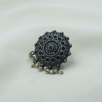Carved Floral Mandala Pearl Ring | Green | Adjustable