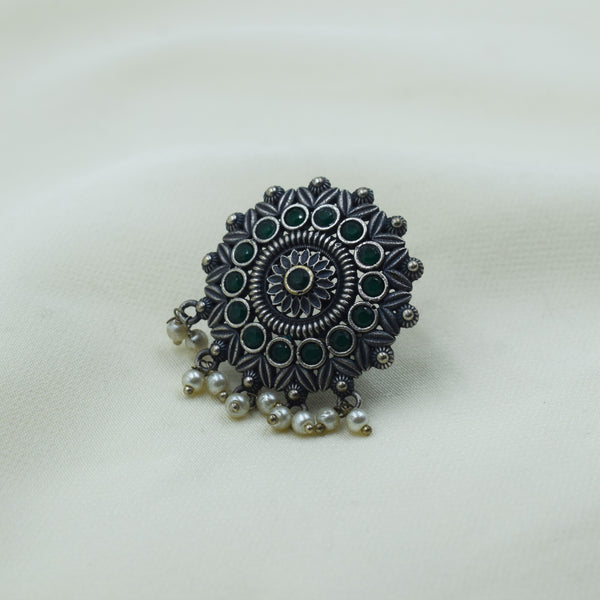 Carved Floral Mandala Pearl Ring | Green | Adjustable