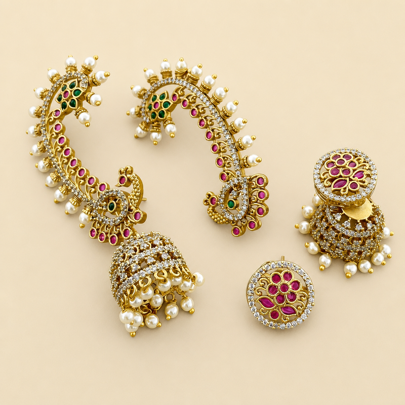 Convertible Peacock Jhumka Ear Cuff Set