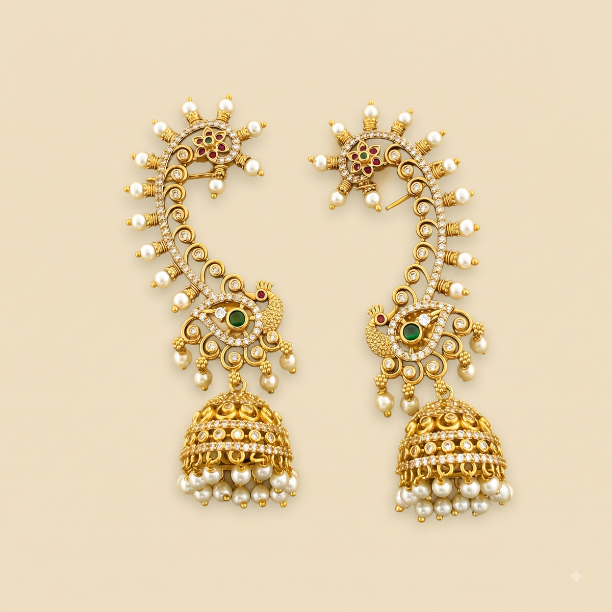 Verve Pearl Trim Peacock Jhumka Ear Cuff Set
