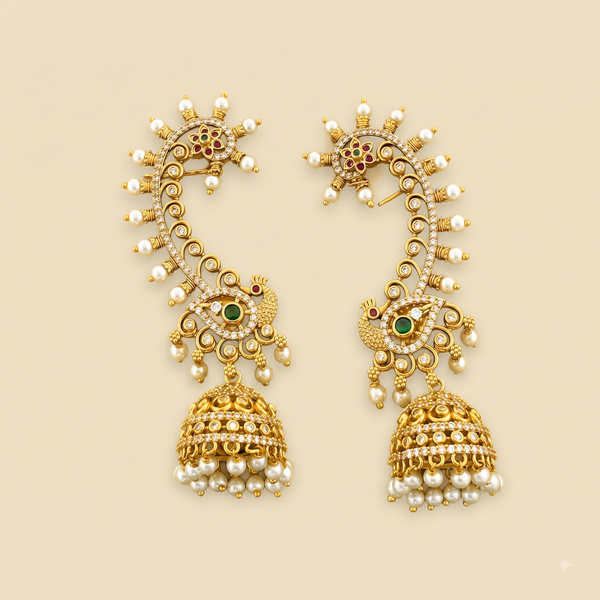 Verve Pearl Trim Peacock Jhumka Ear Cuff Set