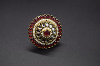 Traditional Round Kundan & Pearl Border Red Ring | Adjustable