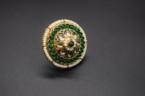 Traditional Round Kundan & Pearl Border Green Ring | Adjustable