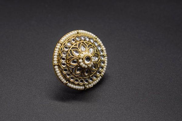Traditional Round Kundan & Pearl Border White Ring | Adjustable