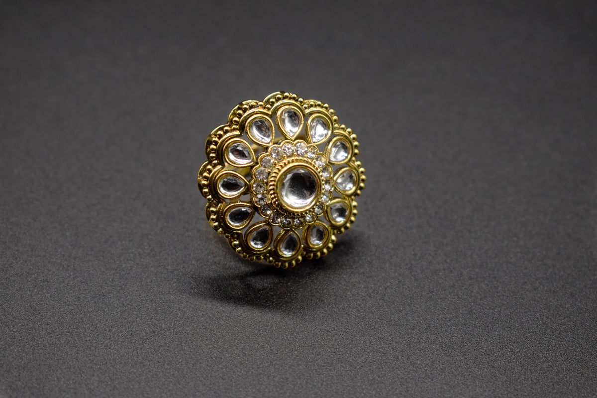 Classic Openwork Kundan Flower Ring | Adjustable