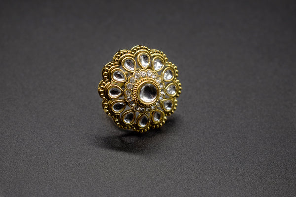 Classic Openwork Kundan Flower Ring | Adjustable