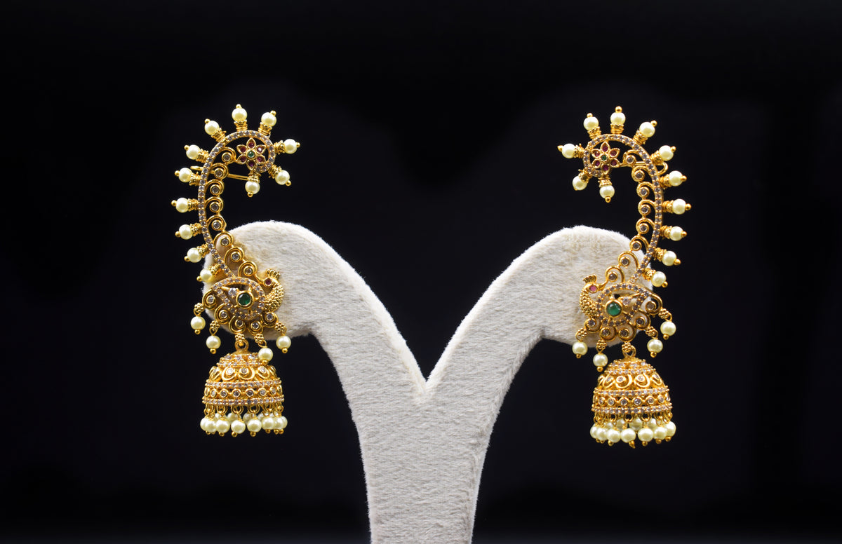 Verve Pearl Trim Peacock Jhumka Ear Cuff Set