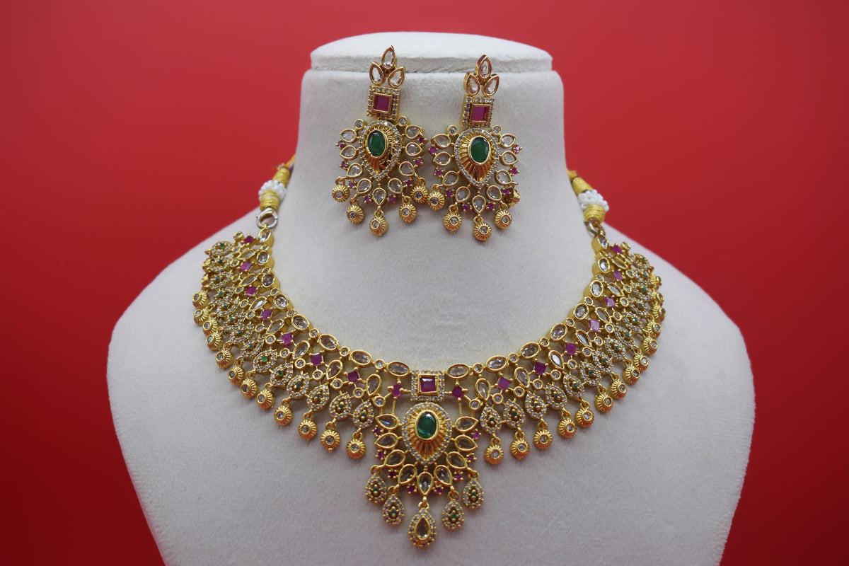 Nityaa Emerald and Pink Stone Necklace Set