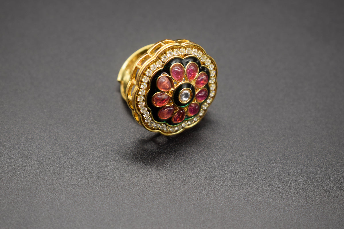 Circular Pink Flower Enamel Ring | Adjustable