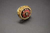 Circular Pink Flower Enamel Ring | Adjustable