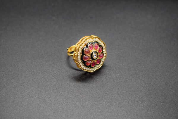 Circular Pink Flower Enamel Ring | Adjustable