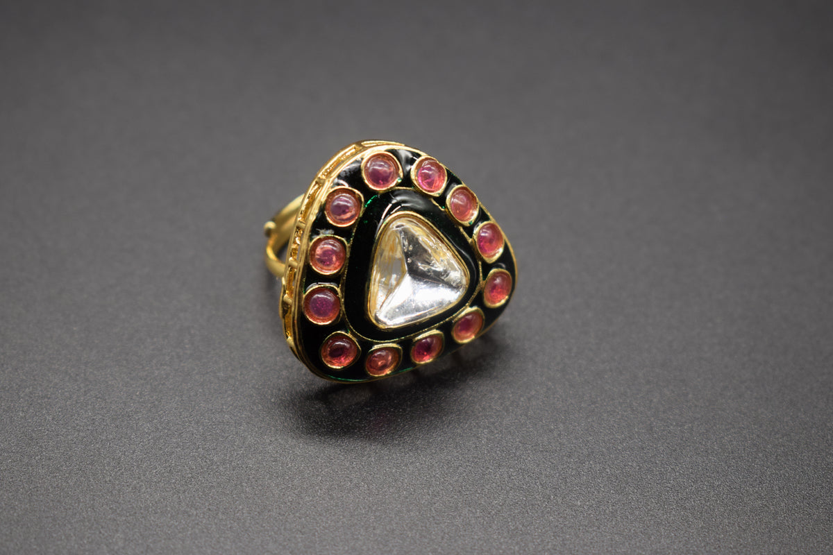 Geometric Triangular Pink Stone Ring | Adjustable