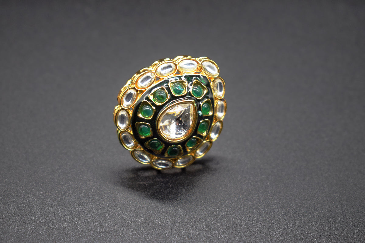 Bold Teardrop Green Kundan Ring | Adjustable