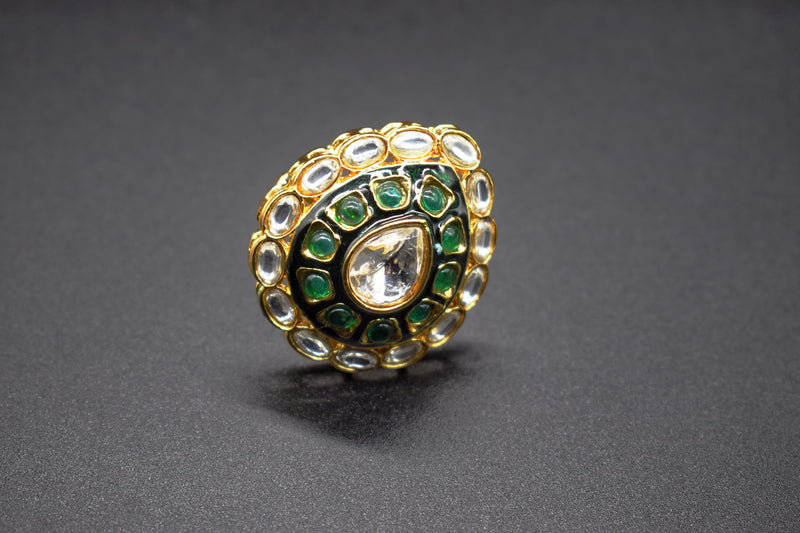 Bold Teardrop Green Kundan Ring | Adjustable