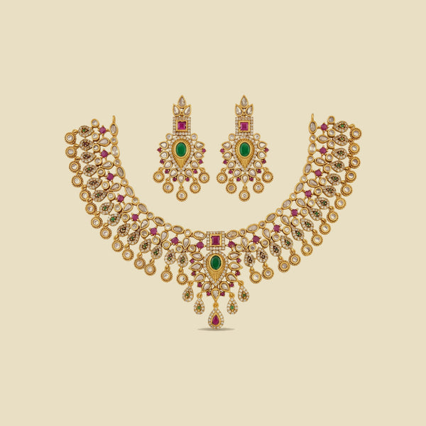 Nityaa Emerald and Pink Stone Necklace Set