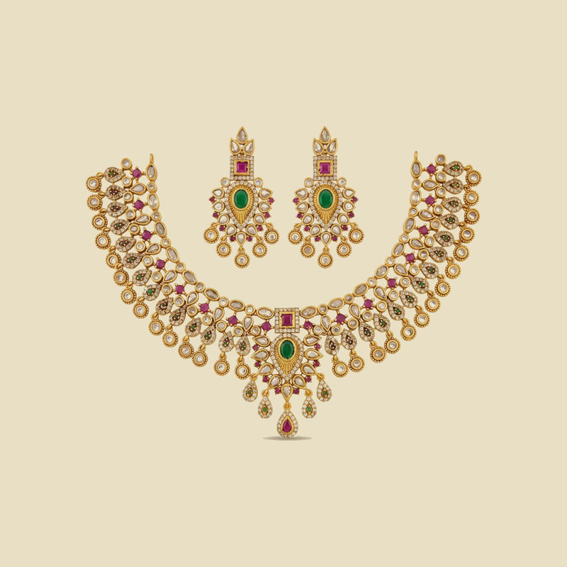 Nityaa Emerald and Pink Stone Necklace Set