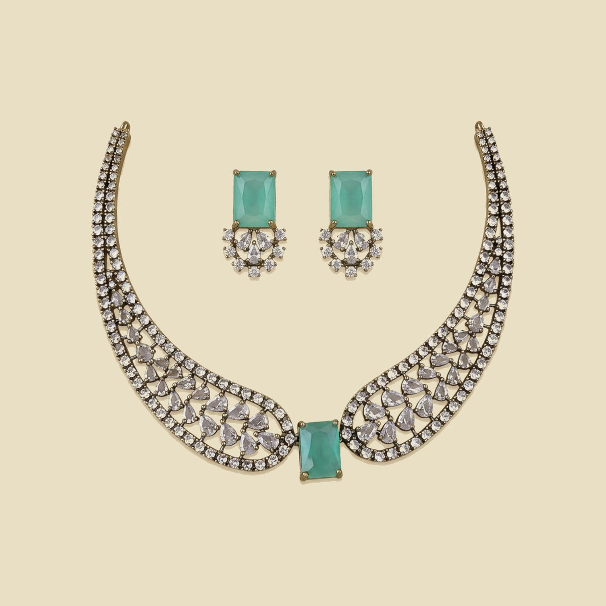 Regal Winged CZ Necklace Set | teal/mint green color