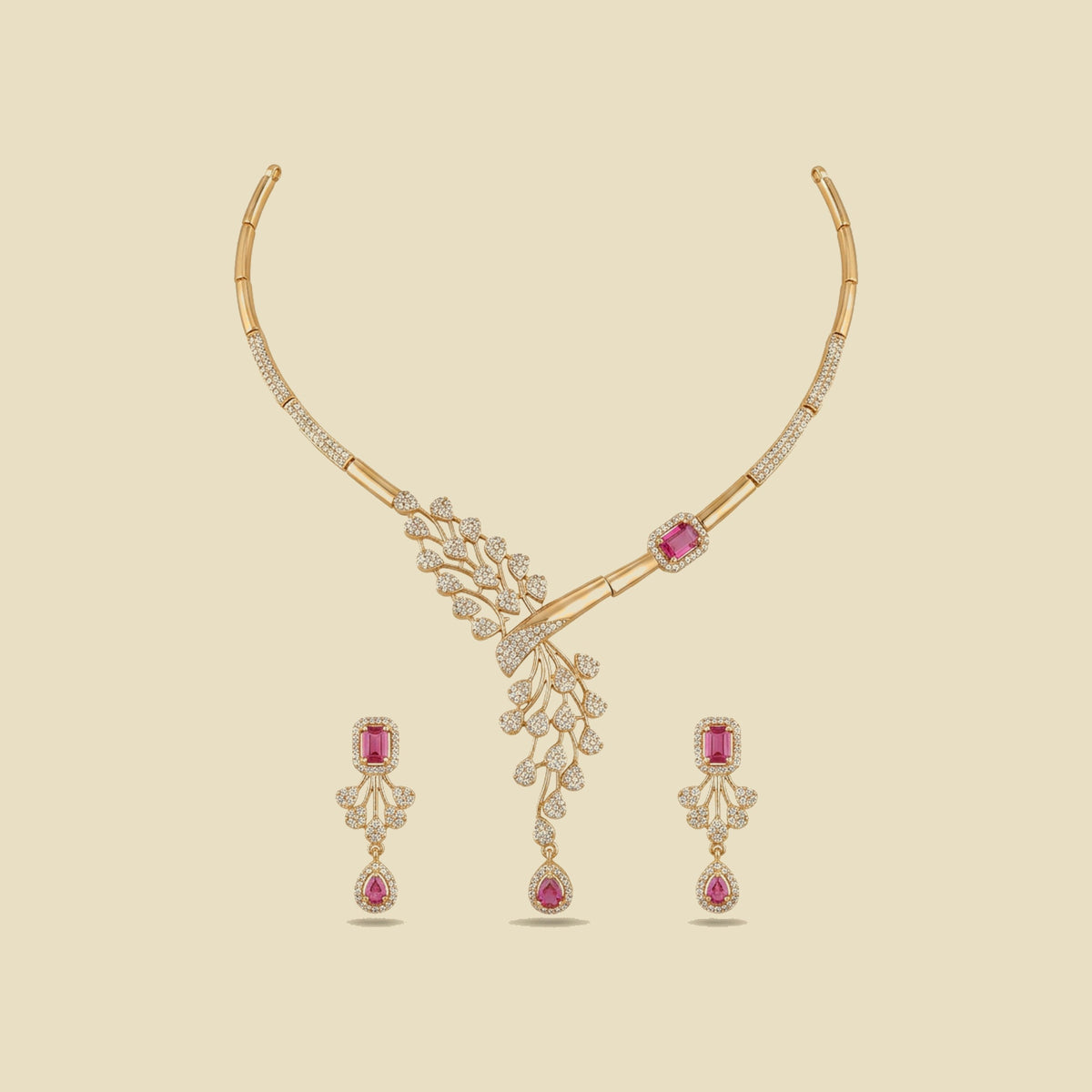 Verve Leaf and Red Stone Necklace Set