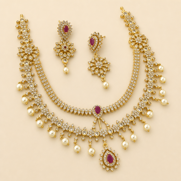 Nityaa Pink AD Pearl Necklace Set