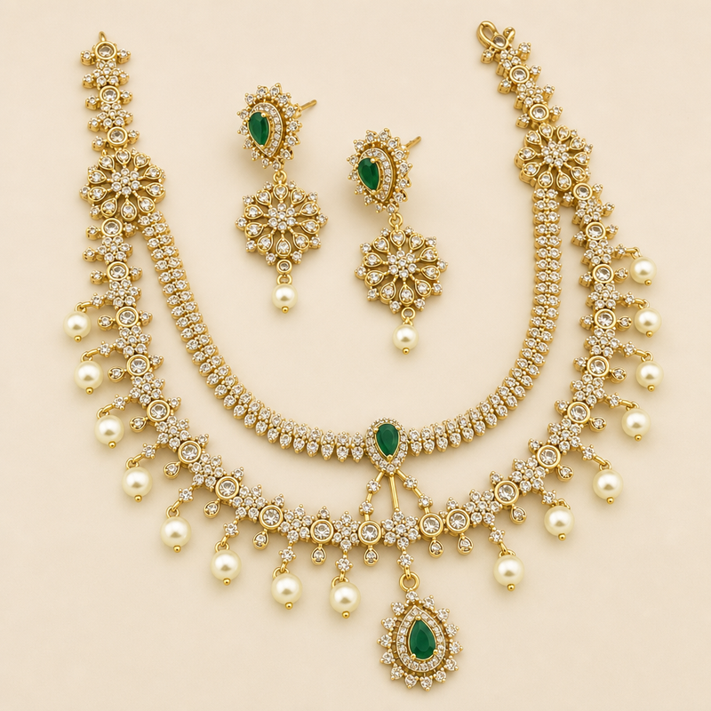 Nityaa Green AD Pearl Necklace Set