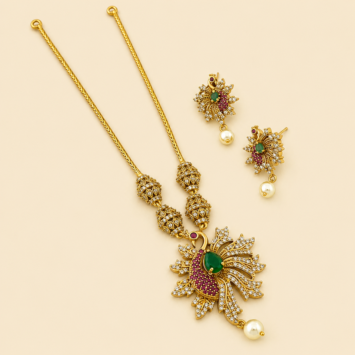 Traditional Peacock Pearl Pendant Necklace Set