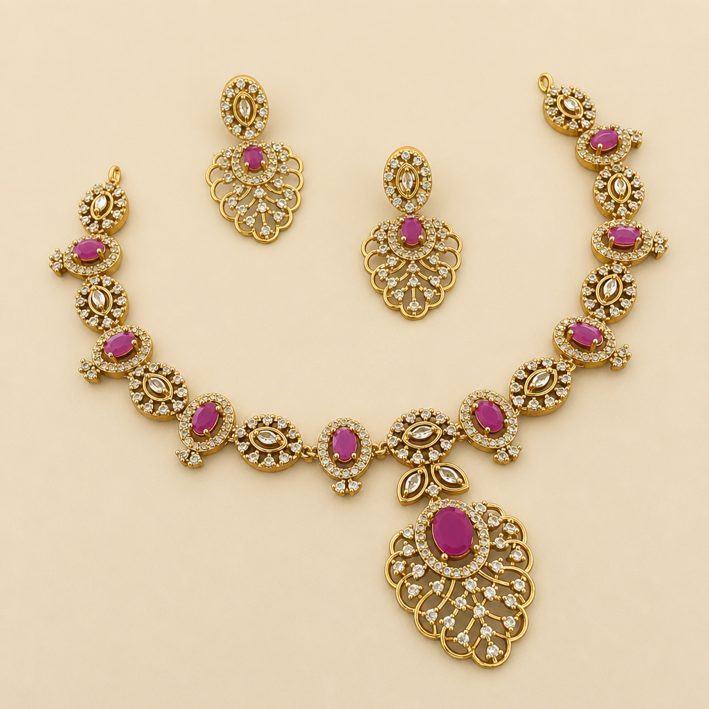 Nityaa Pink and Clear Crystal Necklace Set